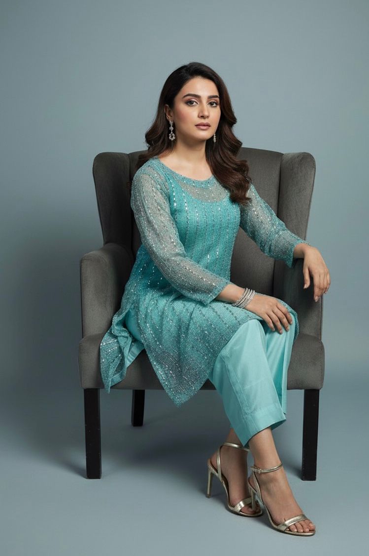 Aqua Gleam Embroidered Cotton 2-Piece