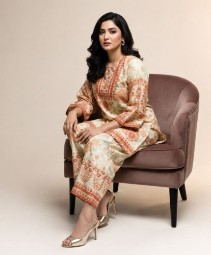 Elegant Beige & Rust Printed Lawn Suit for Summer
